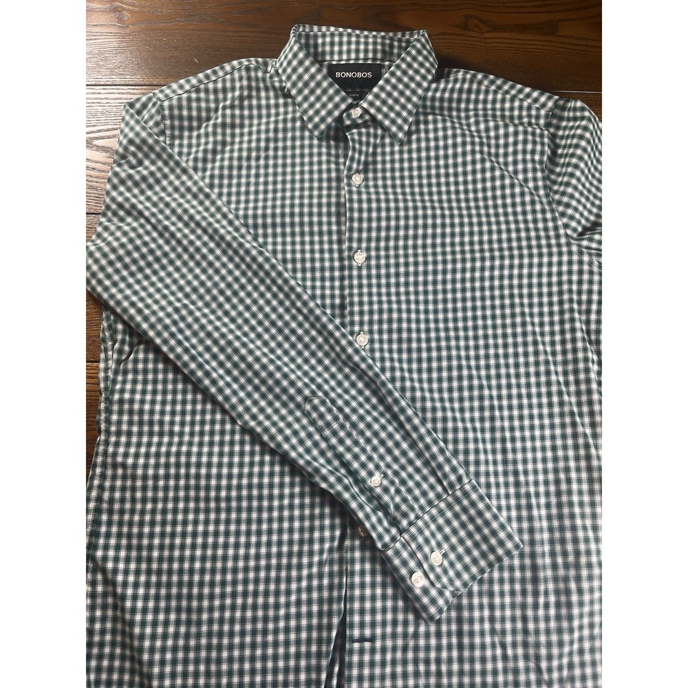 Bonobos Slim Fit Shirt Men's Medium Short Green Plaid Gingham Long Sleeve